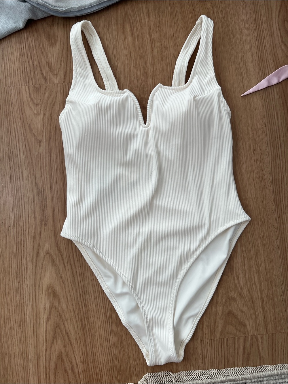 H&M Cream Ribbed V-Neck Bandeau One-Piece